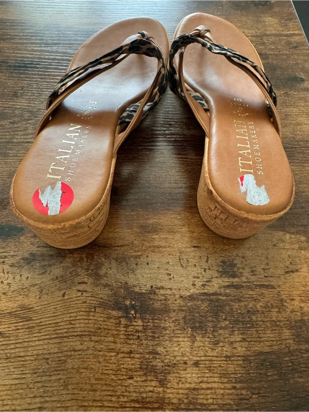 Italian Shoemakers Tan Leather Leopard-Print Thong Sandal wedge in size 10